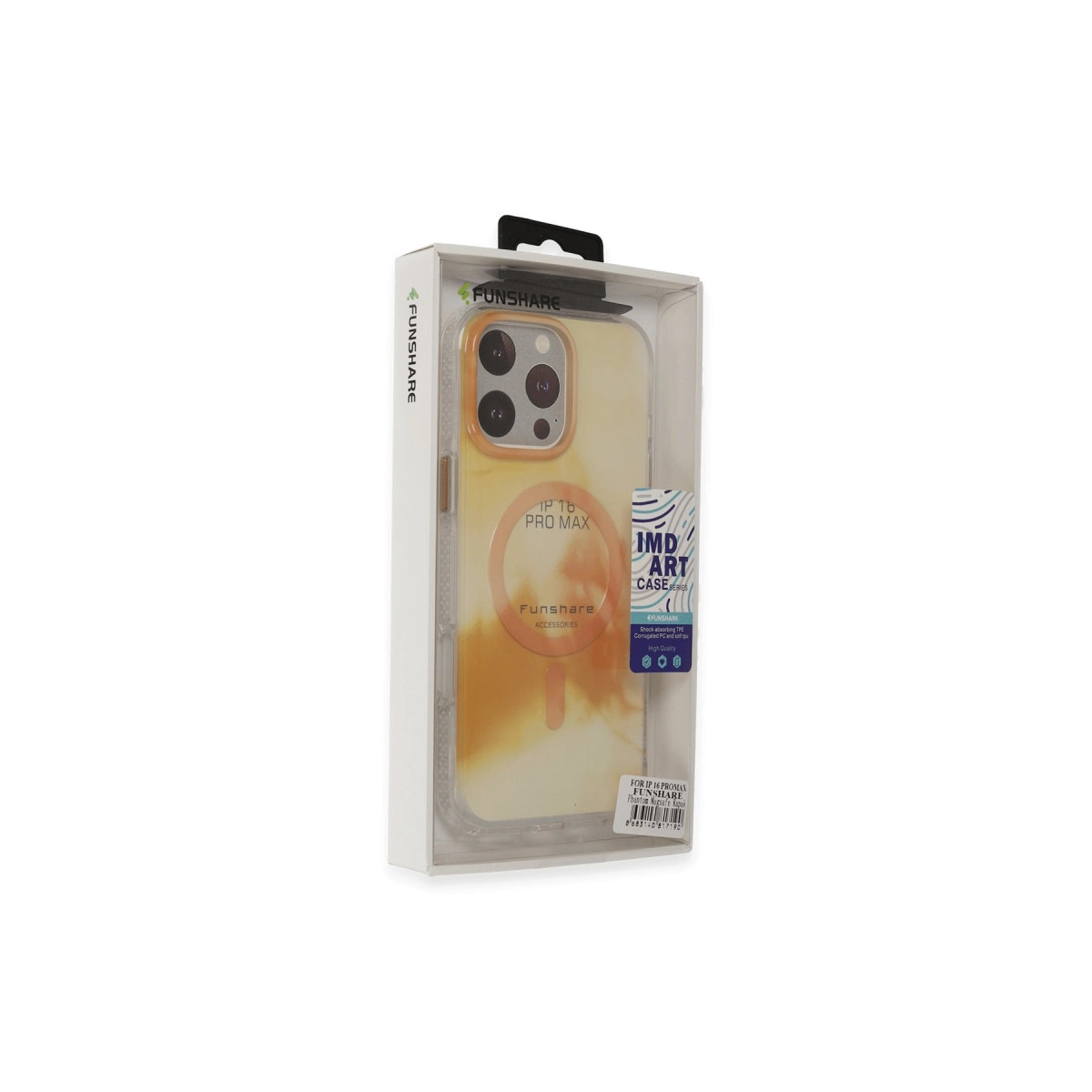 Sarı-turuncu desenli iPhone 16 Pro Max kılıfı ambalajı.