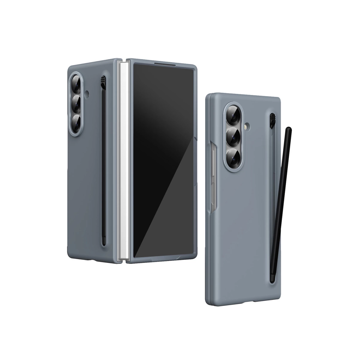 Styluslu katlanabilir telefon için gri kılıf, beyaz zeminde.