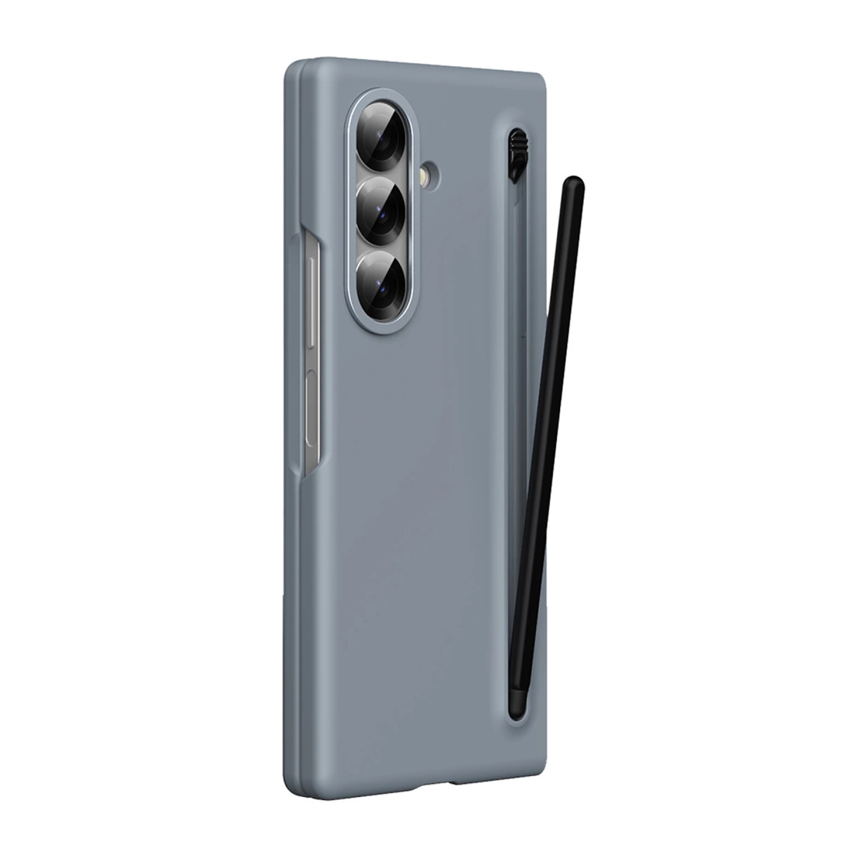 Üç kamera lensli gri telefon kılıfı ve siyah kalemli kalem tutucu.