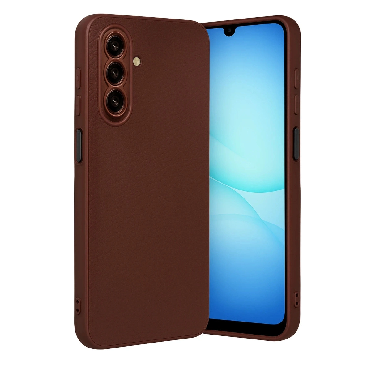 Üç kameralı kahverengi telefon kılıfı, mavi ekranlı bir akıllı telefonun yanında.