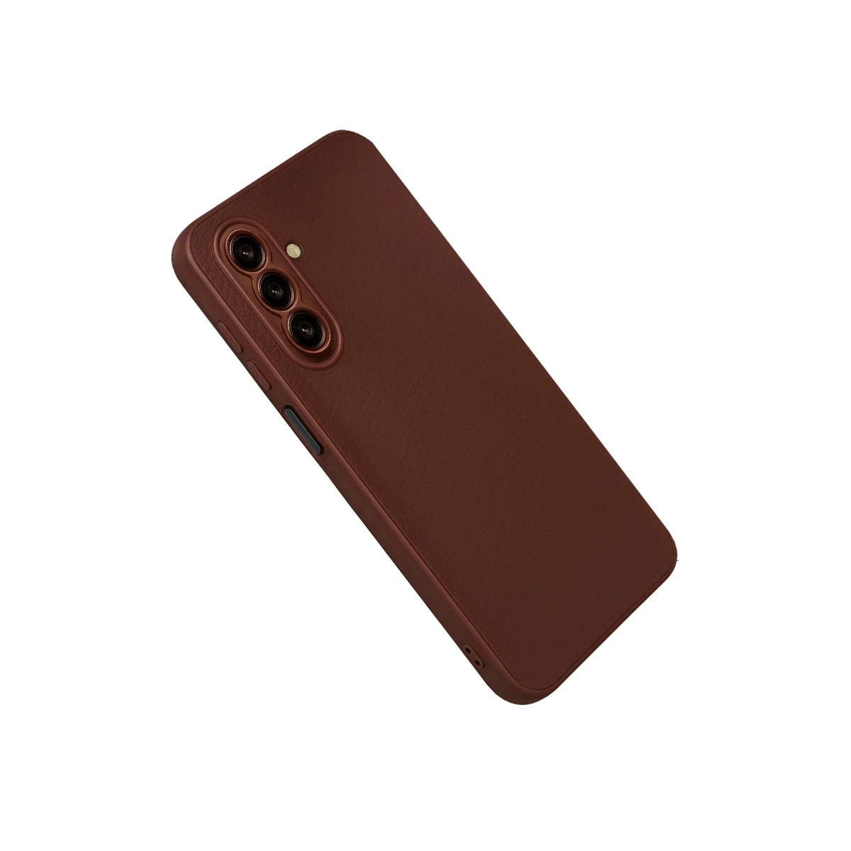 Üç kamera lensli kahverengi telefon kılıfı beyaz zeminde.