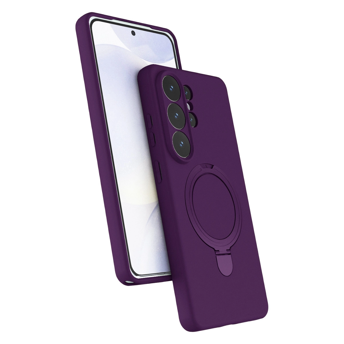 Halka tutuculu ve üç lensli mor telefon kılıfı.