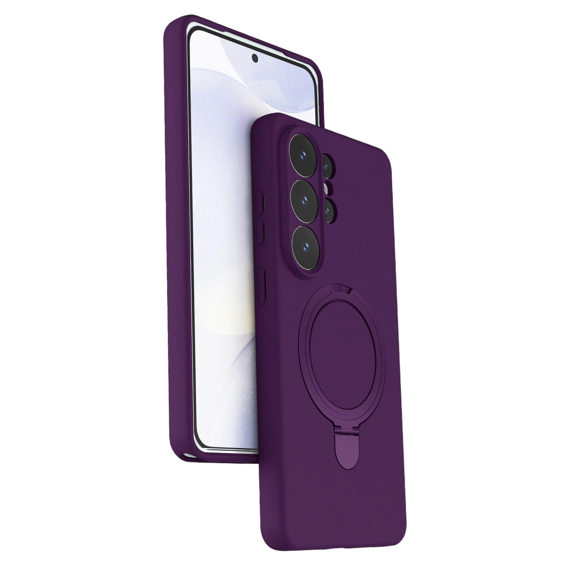 Halka tutuculu ve üç arka kameralı mor telefon kılıfı.