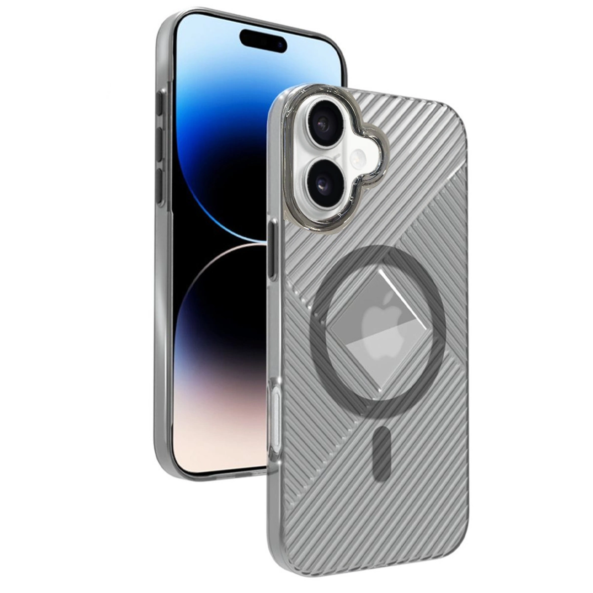 Gümüş desenli şeffaf kılıflı gümüş iPhone.