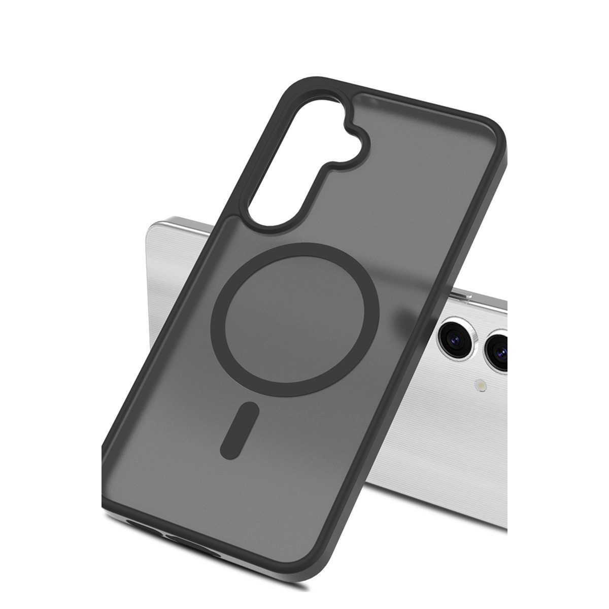Gümüş telefonun önünde manyetik halkalı gri telefon kılıfı.