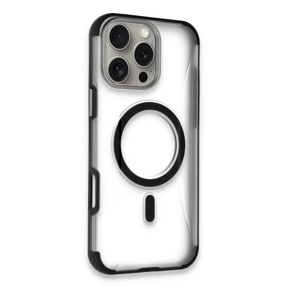 Siyah kenarlı ve kamera modüllü şeffaf telefon kılıfı.