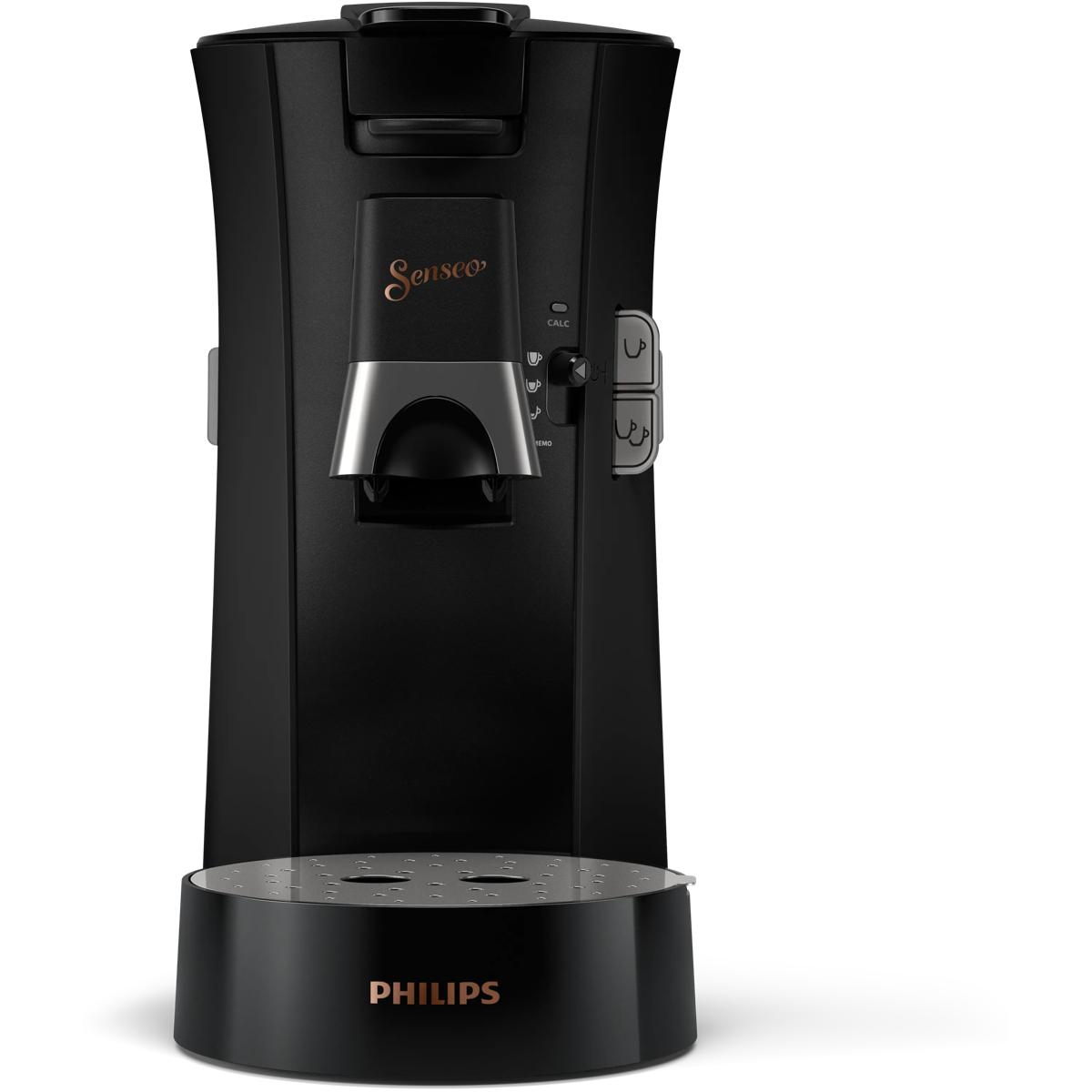 Schwarze Senseo-Kaffeemaschine mit Philips-Logo auf dem Sockel. Silberner Auslauf.