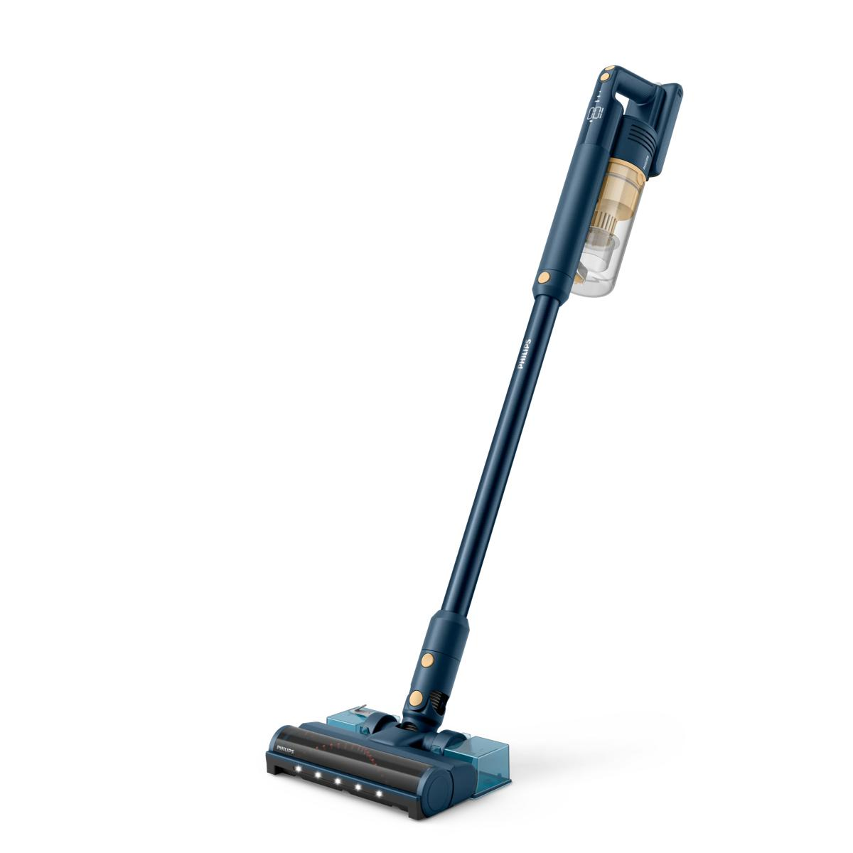 Un aspirapolvere senza fili blu scuro con accenti dorati su sfondo bianco.