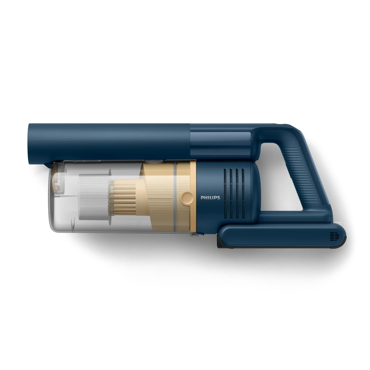 Aspirapolvere portatile Philips blu scuro con contenitore trasparente e accenti beige.