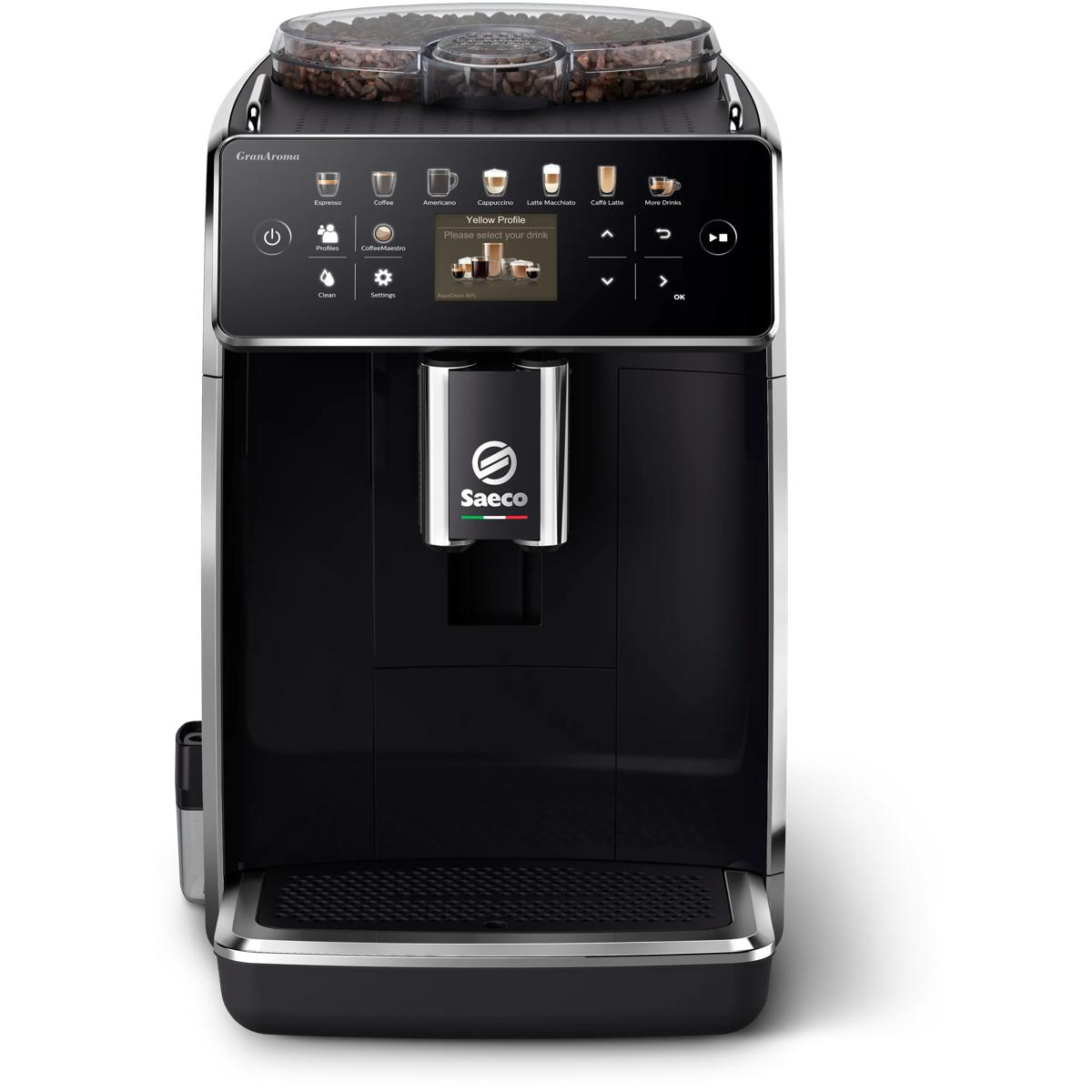 Eine schwarze Saeco Kaffeemaschine mit einem Touchscreen-Display und Bohnenbehälter.