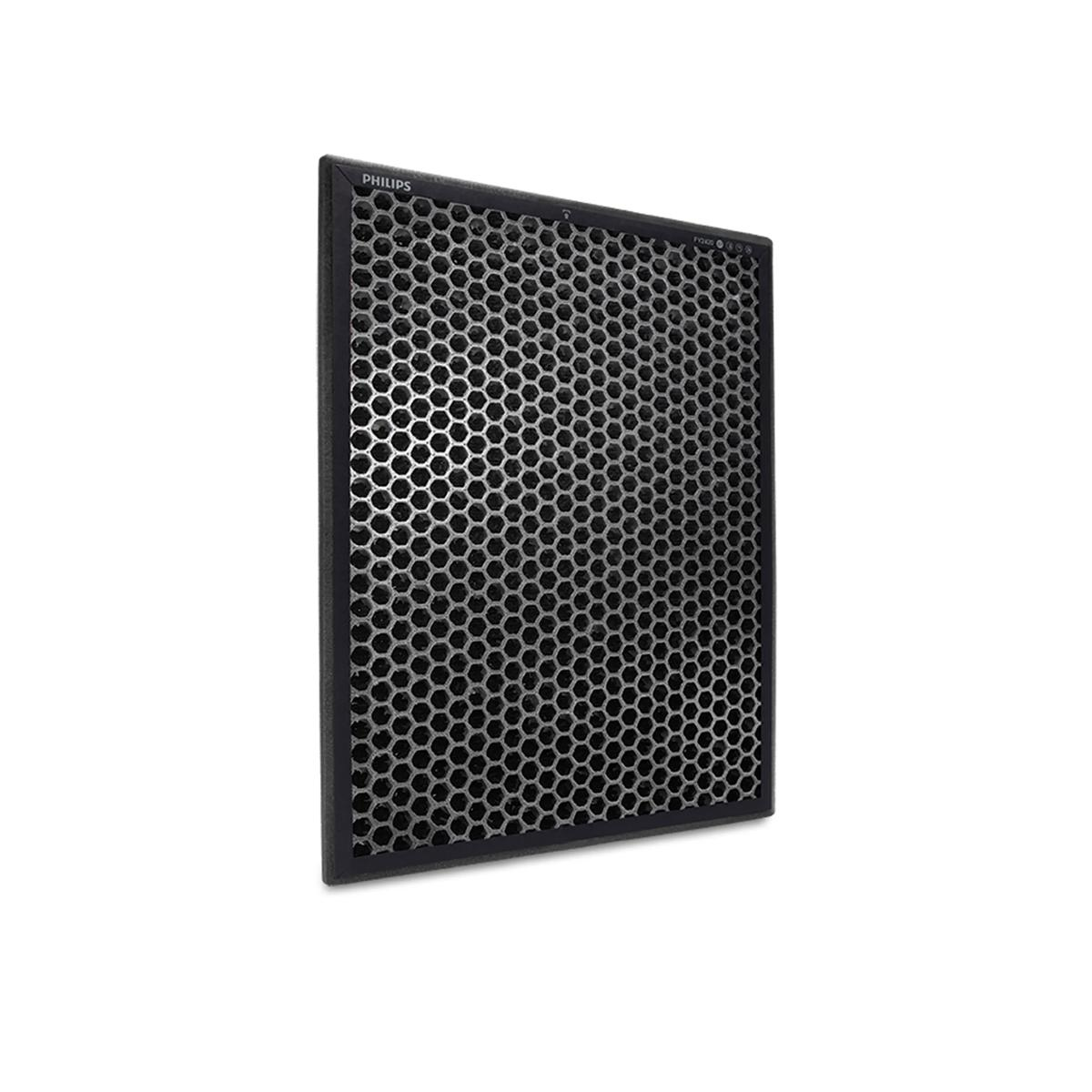 Un filtro de aire Philips negro con patrón de panal sobre fondo blanco.