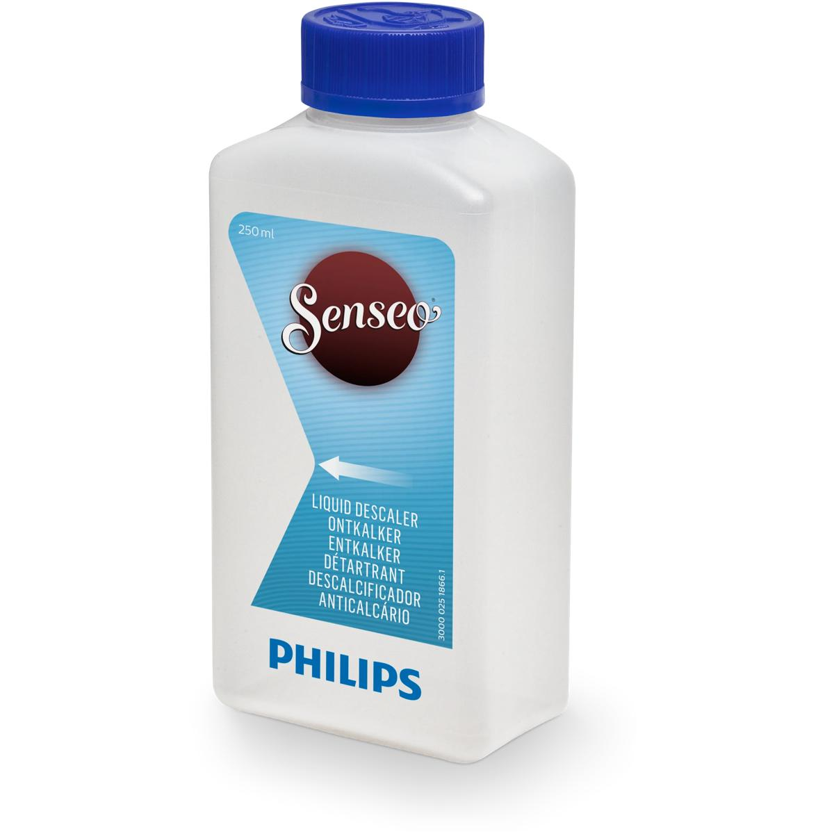 Flacone bianco di decalcificante liquido Senseo, 250 ml, con tappo blu. Logo Philips.