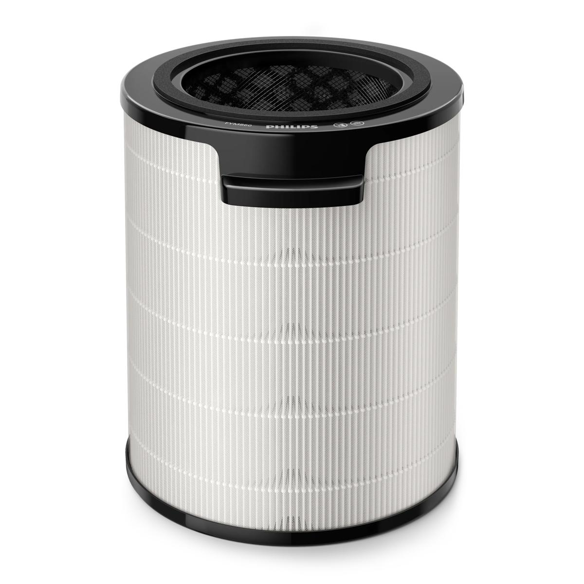 Un filtro aria Philips bianco con top e base neri.