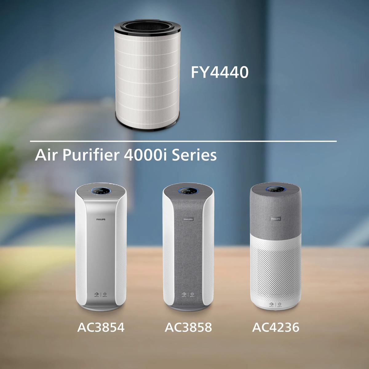 Un filtro dell'aria e tre purificatori d'aria Philips serie 4000i.