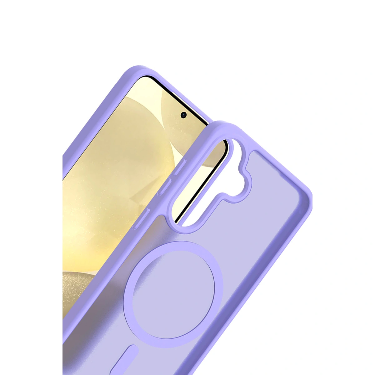 Dairesel kamera kesimli mor telefon kılıfı.
