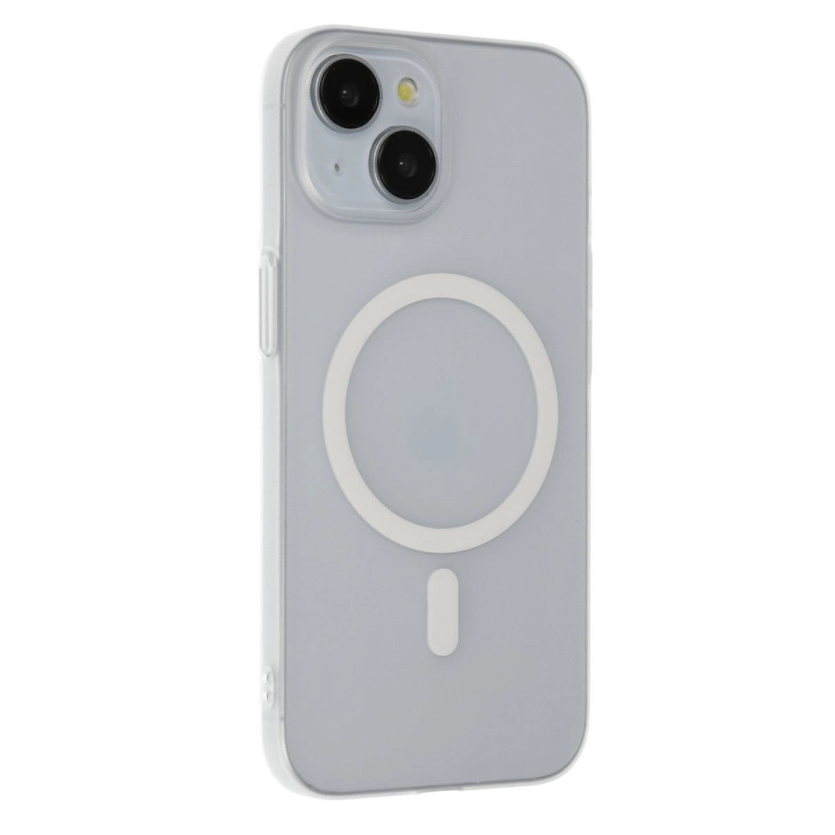 Gri telefonda beyaz MagSafe halkası ve küçük oval bulunan şeffaf telefon kılıfı.