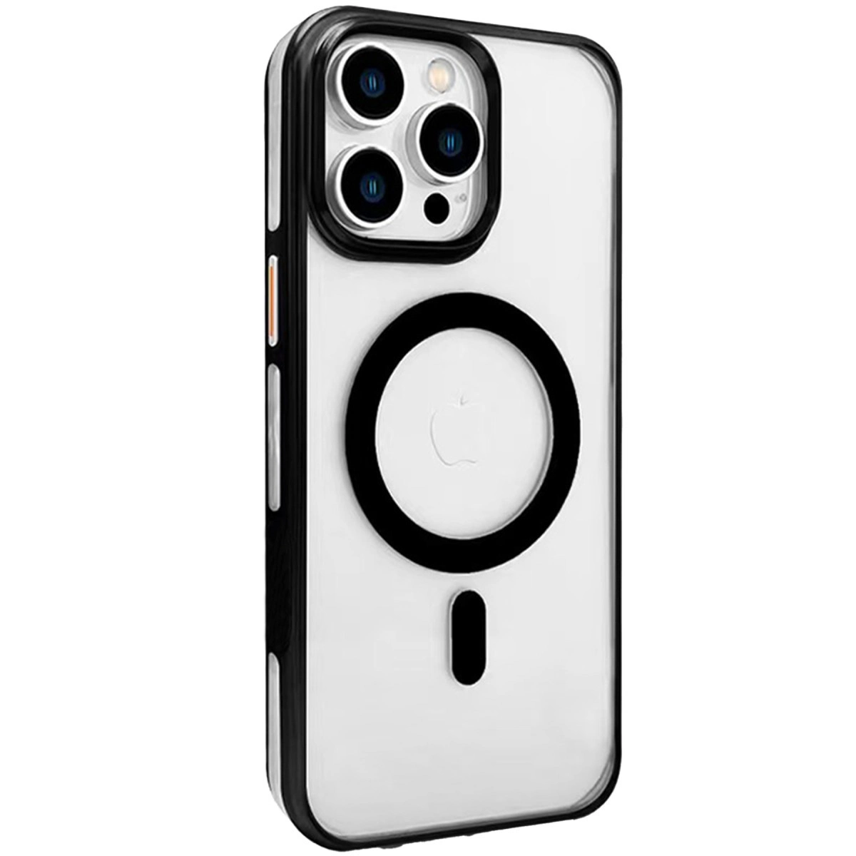 Üç kameralı, siyah çerçeveli şeffaf telefon kılıfı.