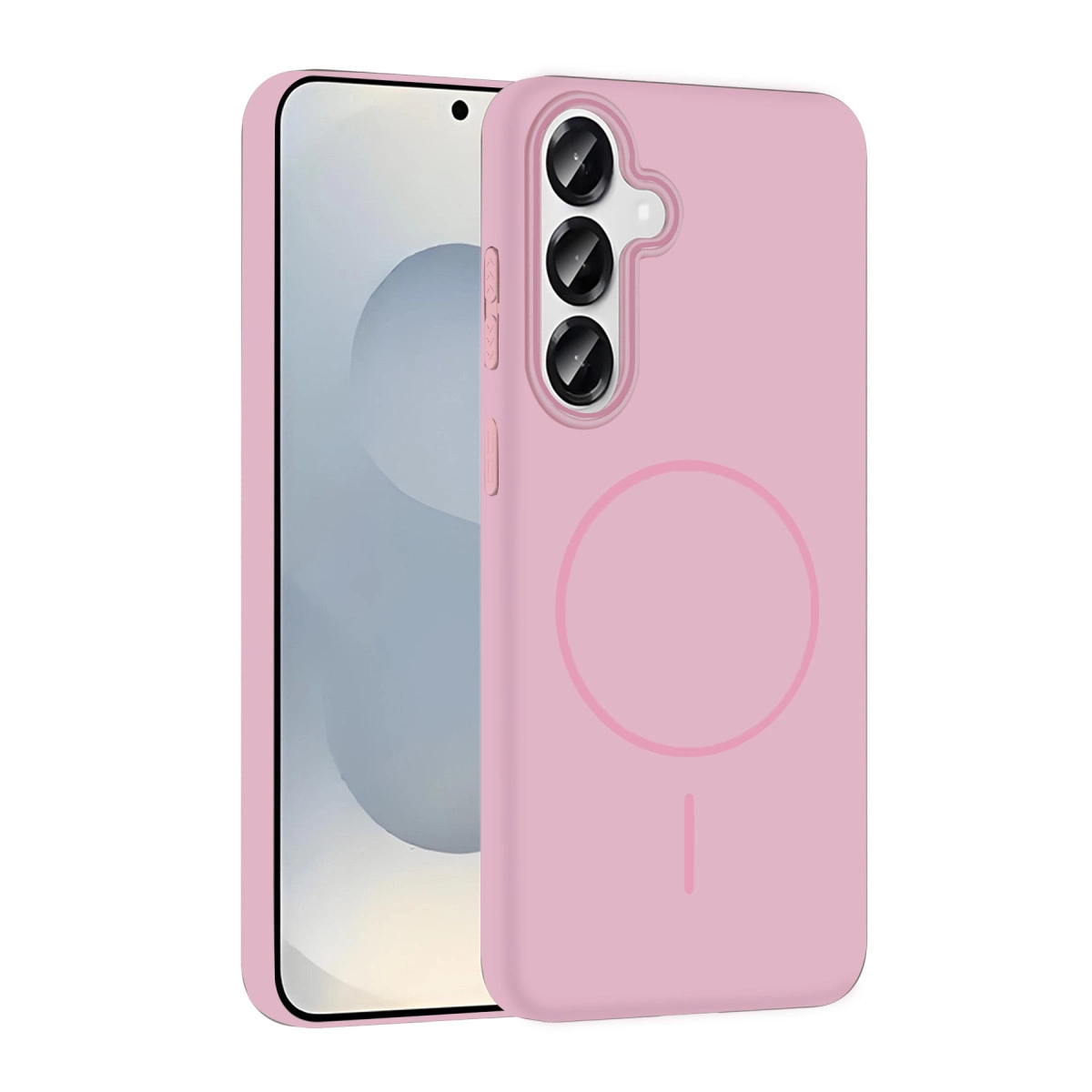 Üç kamera lensli ve manyetik halkalı pembe telefon kılıfı.