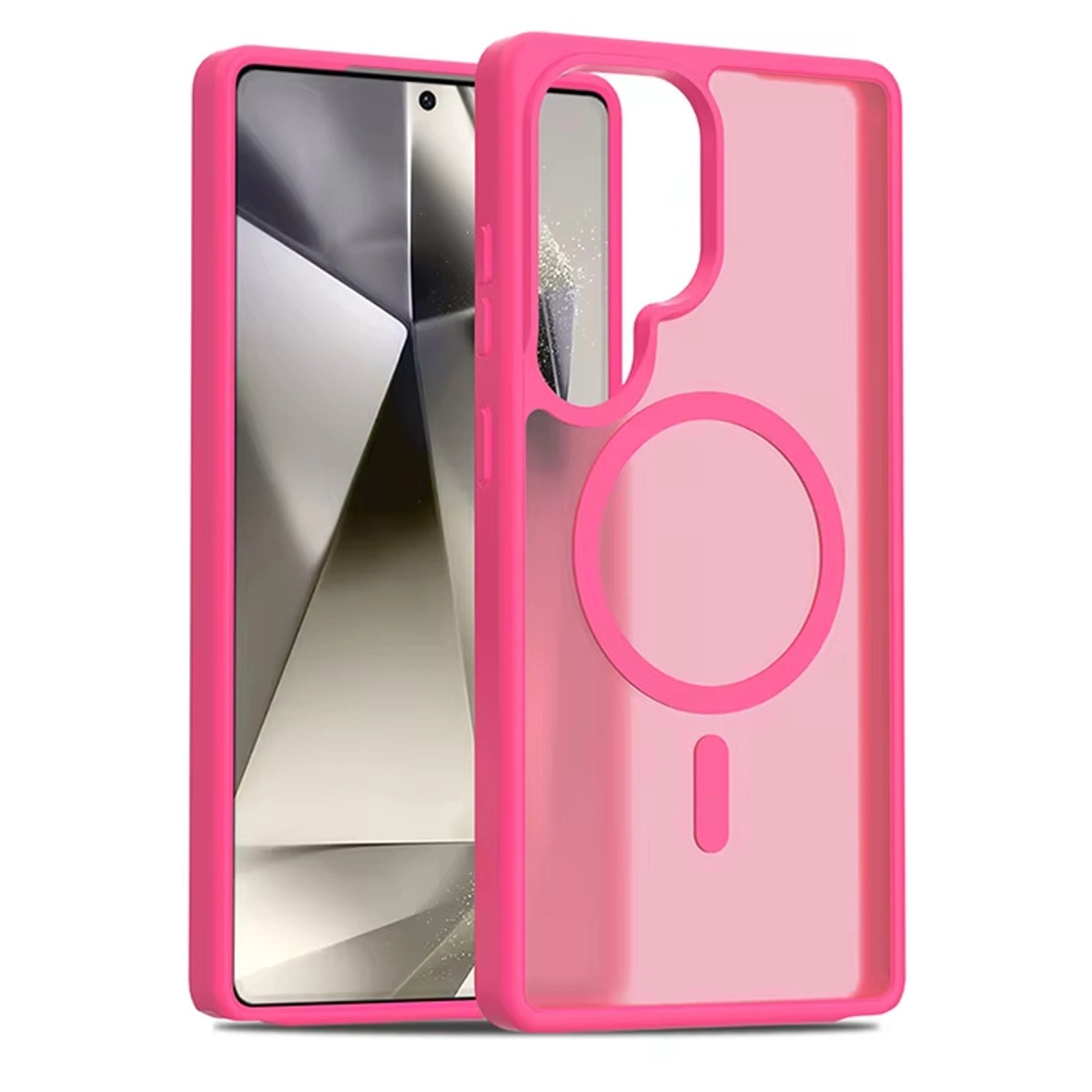 Mıknatıslı halkayı gösteren, şeffaf arkalı parlak pembe telefon kılıfı.