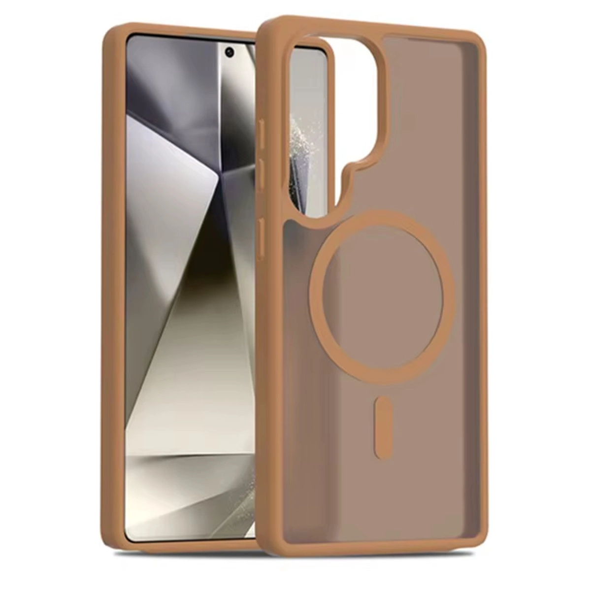 Arkada dairesel kesiği olan kahverengi telefon kılıfı.