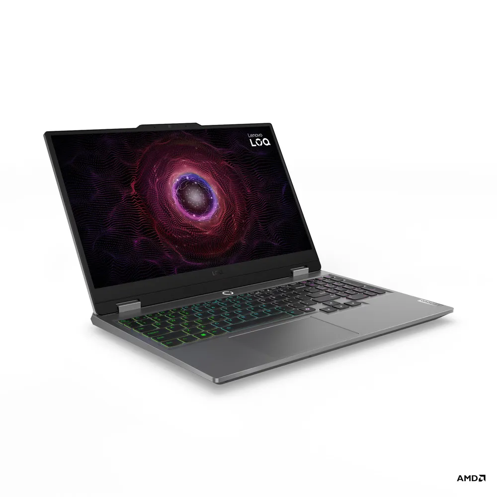 Arkadan aydınlatmalı klavyeli gri Lenovo dizüstü bilgisayar ve soyut duvar kağıdı.