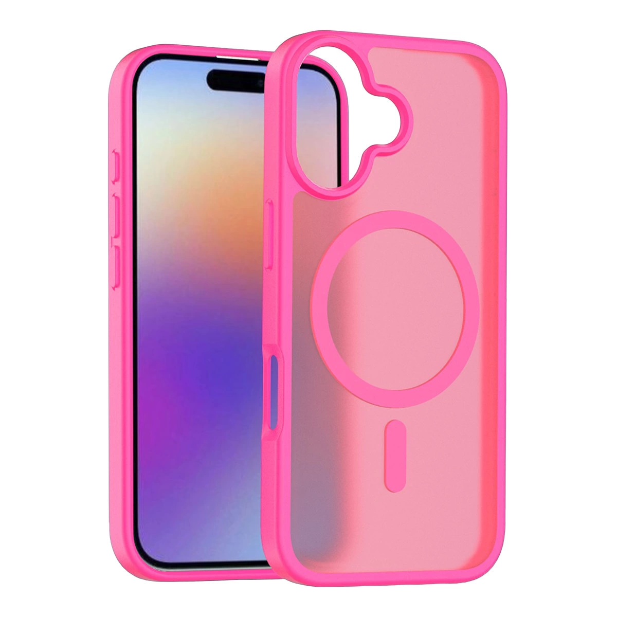 Kamera kesimli ve dairesel tasarımlı pembe telefon kılıfı.