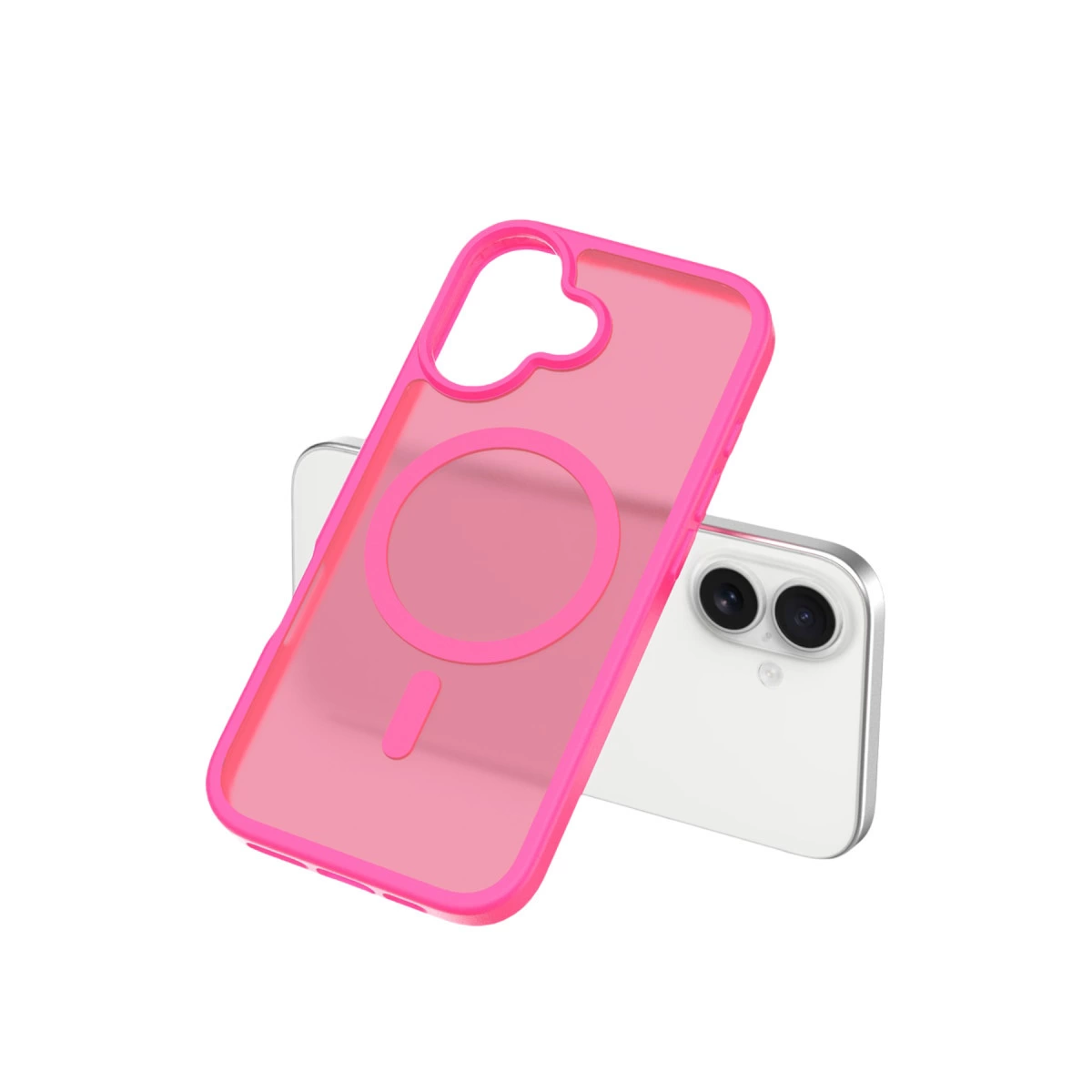 Mıknatıslı halkalı pembe telefon kılıfı beyaz bir telefonun üzerinde duruyor.