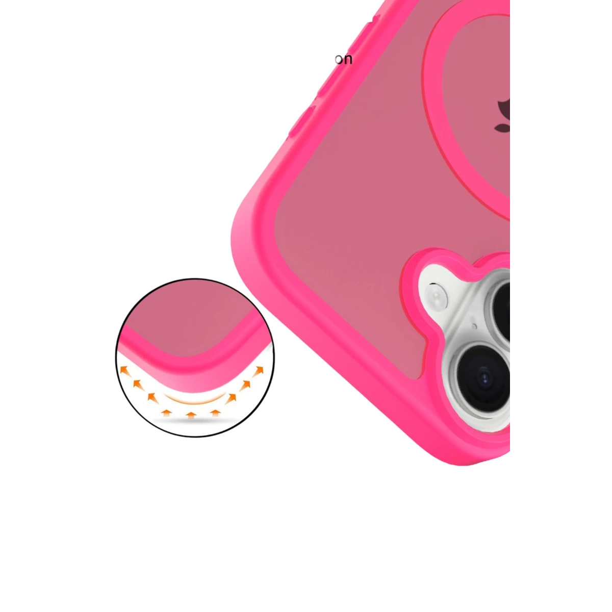 Koruyucu detaylı şeffaf pembe telefon kılıfının yakın çekimi.