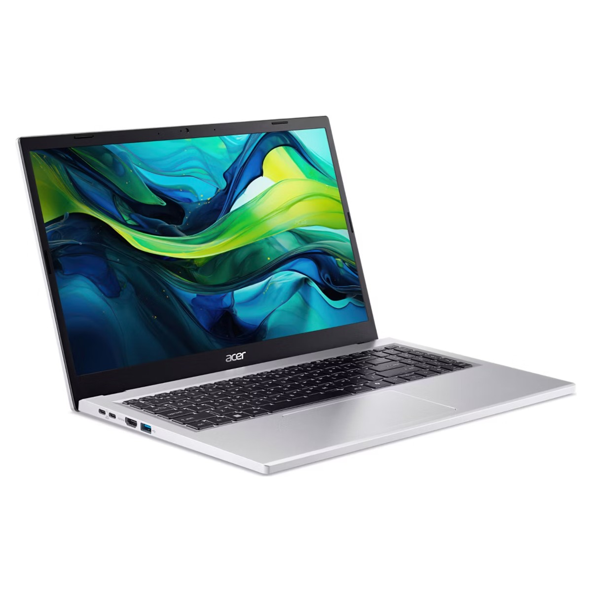 Gümüş renkli Acer dizüstü bilgisayar, ekranında renkli soyut duvar kağıdı.