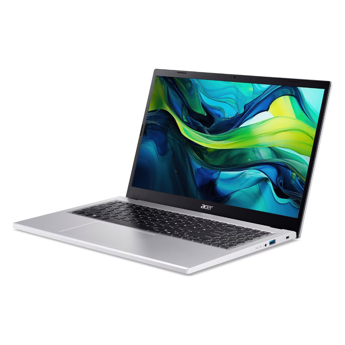Ekranında renkli bir arka planı olan gümüş renkli Acer dizüstü bilgisayar.