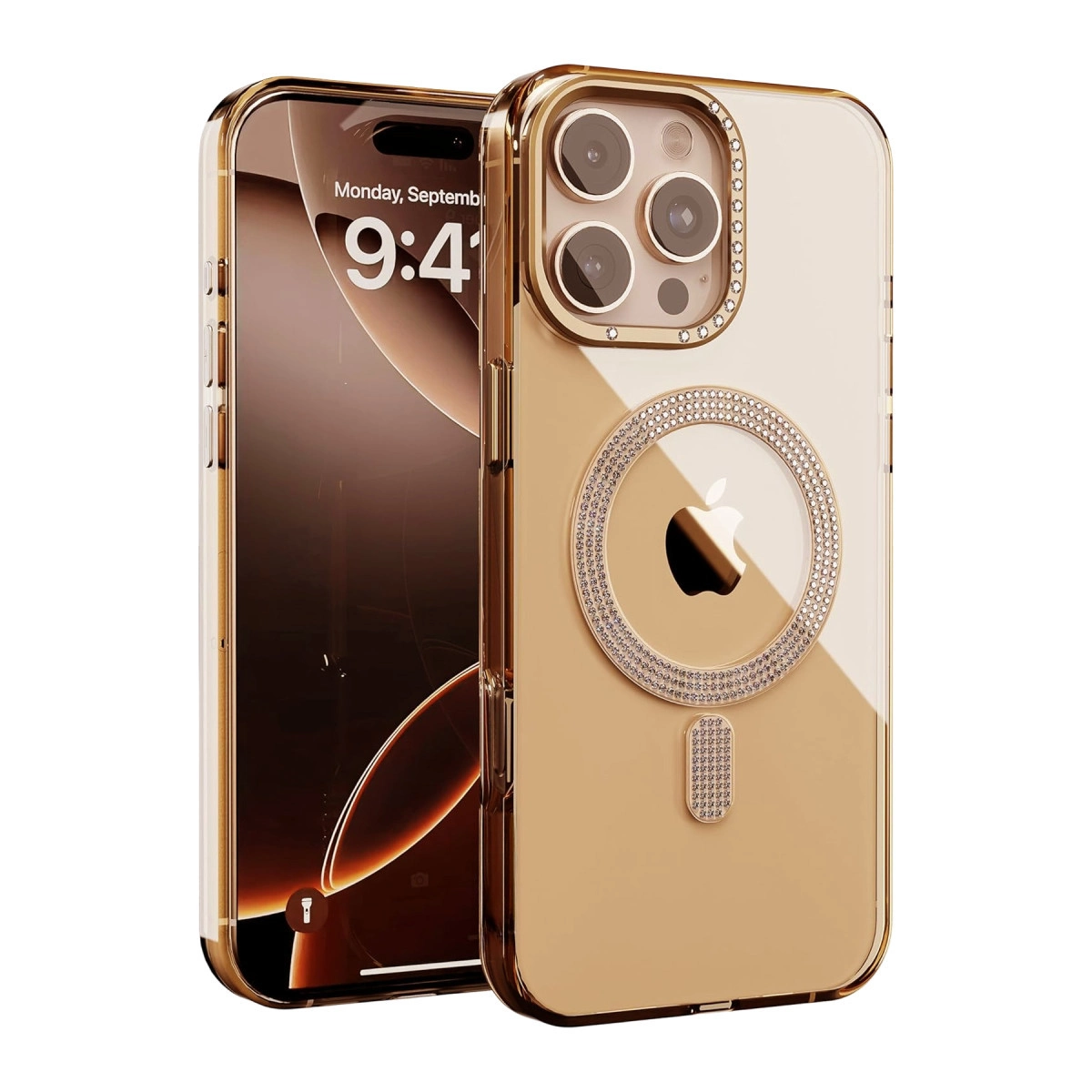 Altın rengi iPhone, şeffaf, parlak kasalı ve üç kameralı.
