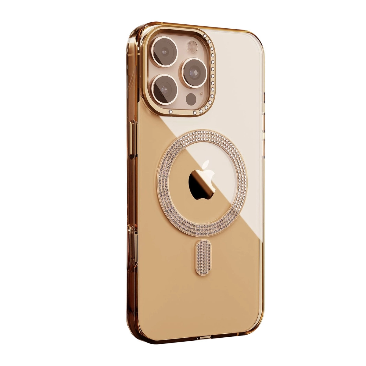 Kamera ve logo çevresinde sim bulunan altın iPhone kılıfı.