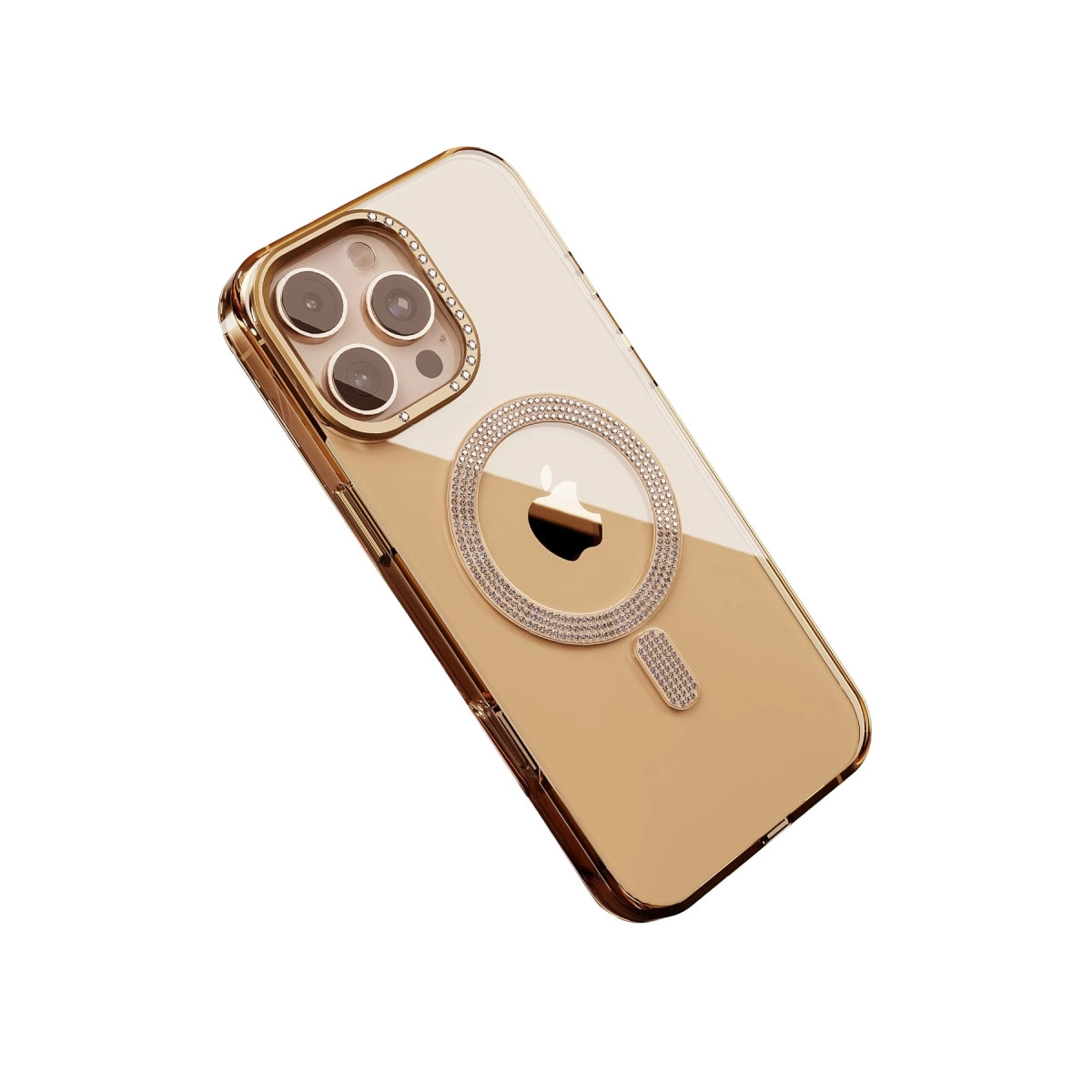 Kameralı ve parlak halkalı altın iPhone kılıfı.