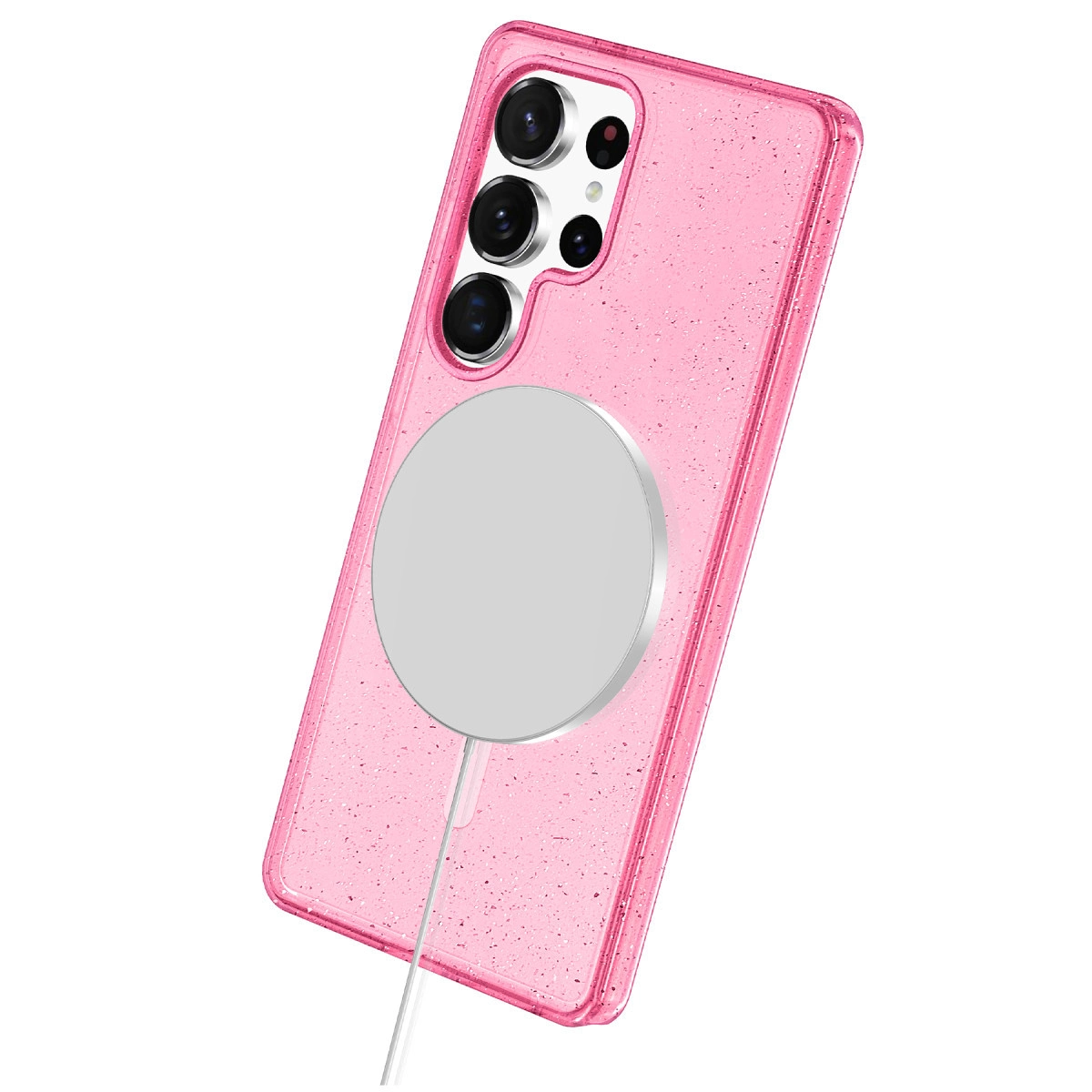 Yuvarlak manyetik şarj cihazlı pembe simli telefon kılıfı.