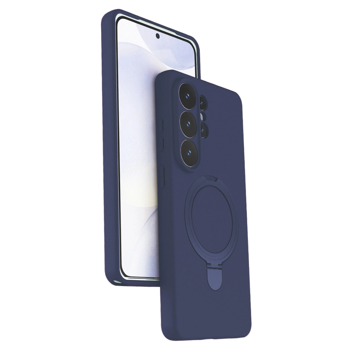 Halka tutuculu ve entegre kılıflı lacivert telefon kılıfı.
