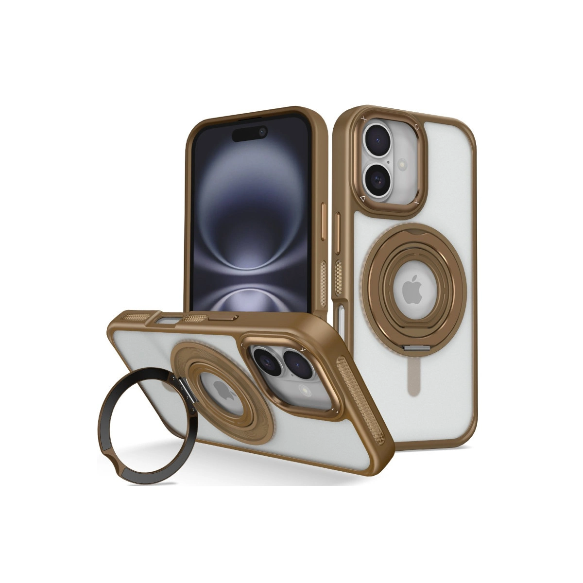 Arkada halka tutuculu altın-kahverengi iPhone koruyucu kılıf, beyaz arka plan.