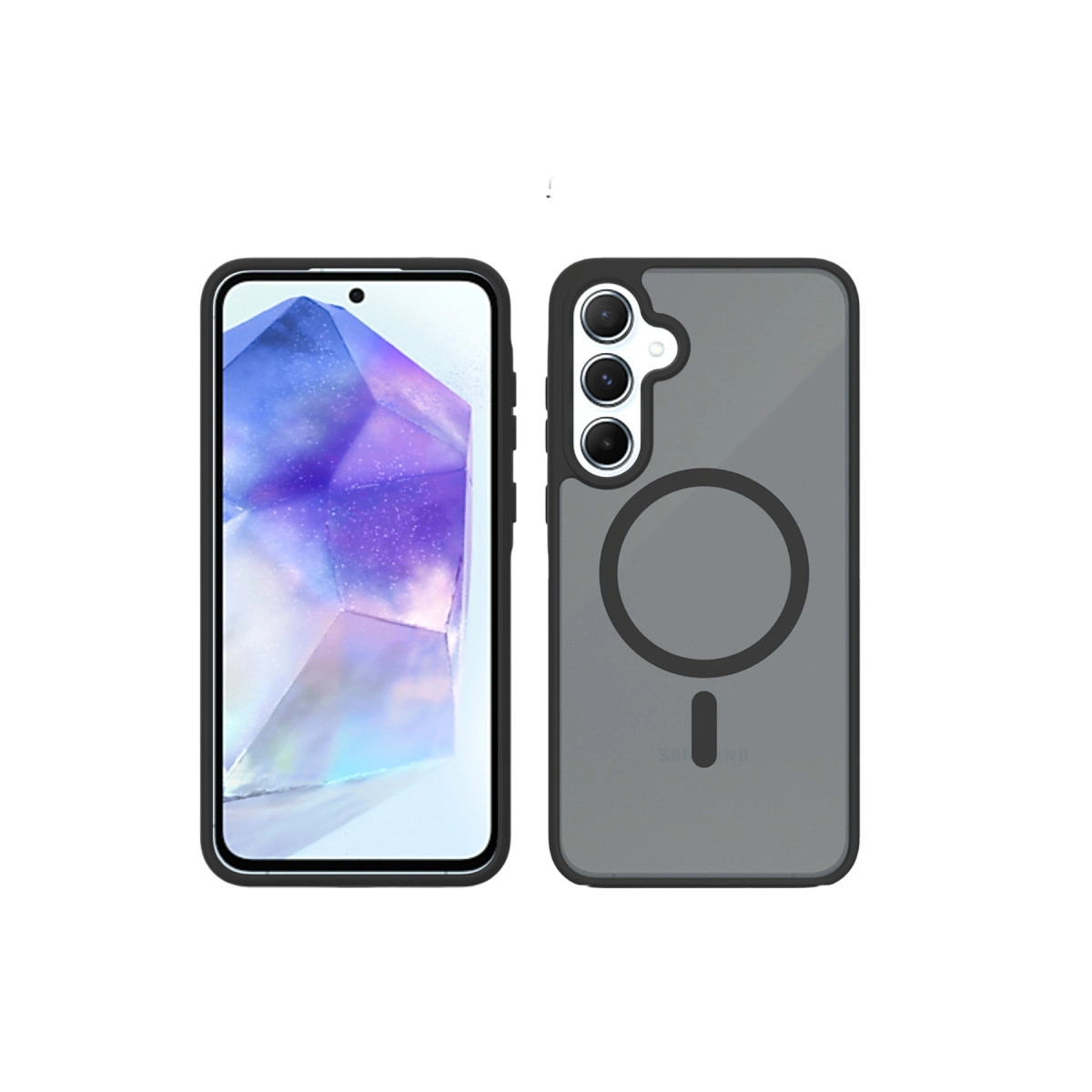Mor kılıflı ve üç kameralı arka yüzü olan bir akıllı telefon.