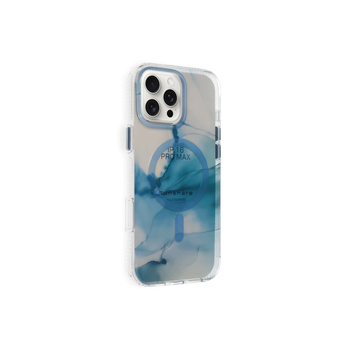 iPhone 16 Pro Max için mavi mermer desenli şeffaf telefon kılıfı.