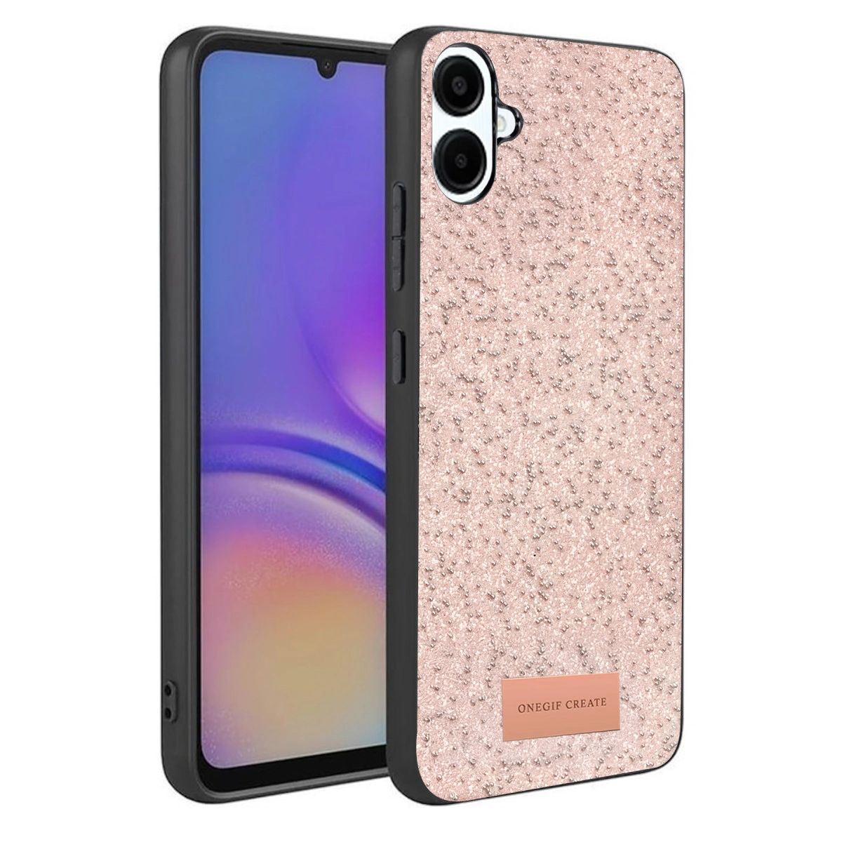Siyah çerçeveli ve lensli, pembe simli telefon kılıfı.