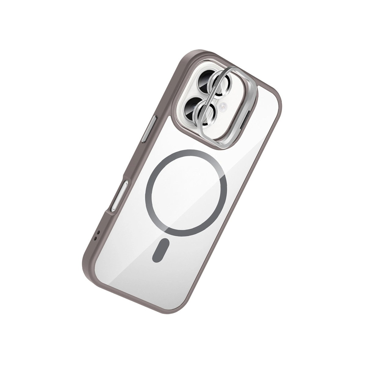 Gri kenarlı şeffaf telefon kılıfı, MagSafe halkası gösteren lens koruyuculu.