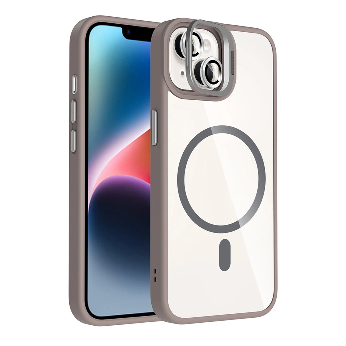 Kamera ve daire gösteren şeffaf arkalı gri iPhone kılıfı.