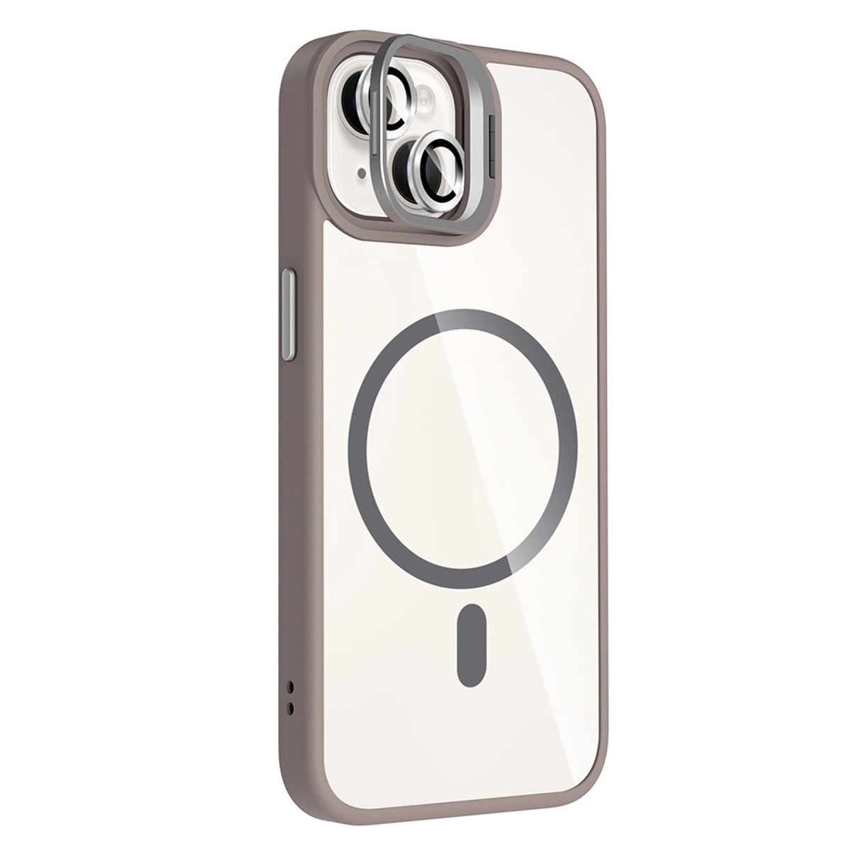 Beyaz zeminde MagSafe halkalı ve lens çerçeveli gri telefon kılıfı.