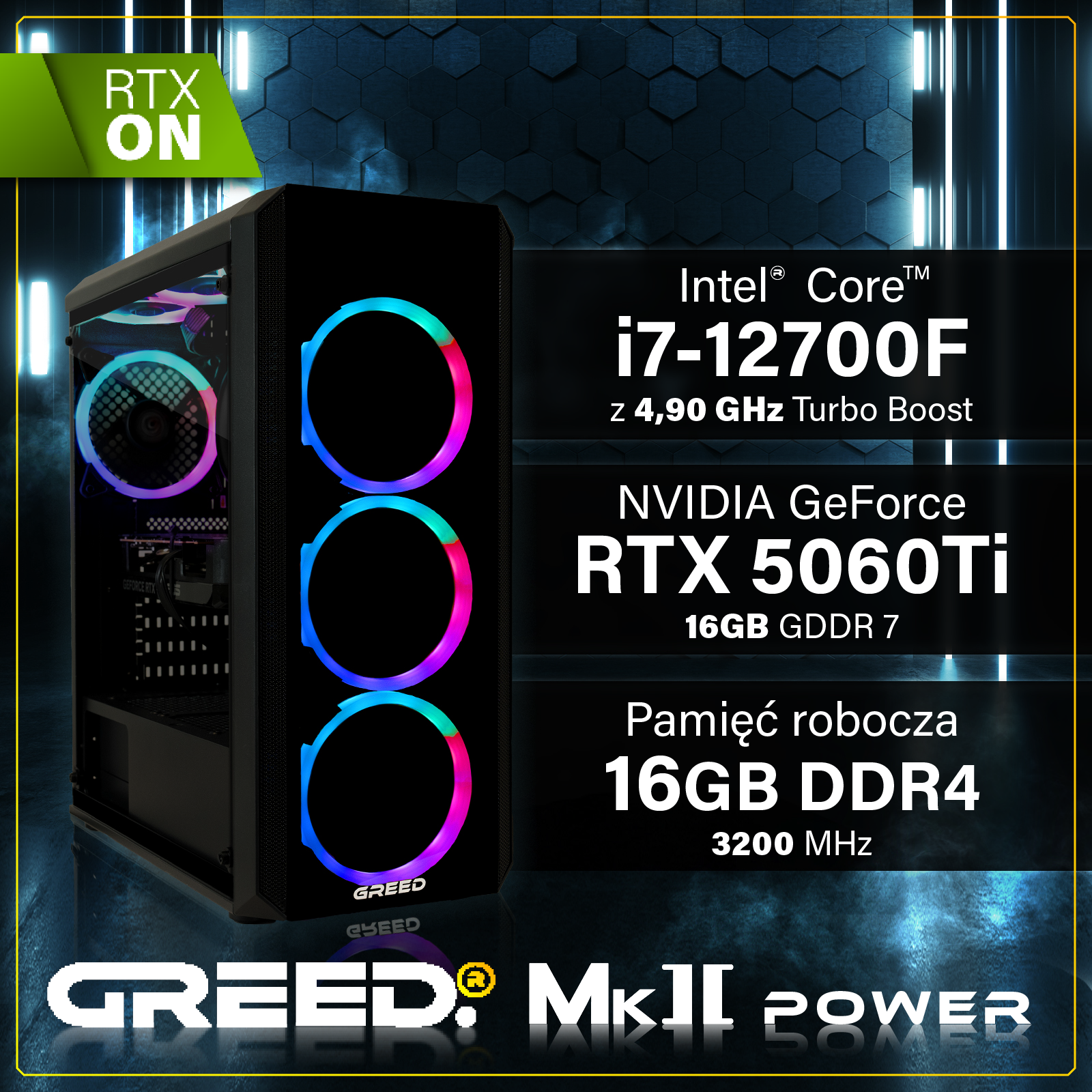 Obudowa PC z wentylatorami RGB, Intel i7, RTX 5060Ti, 16GB RAM.