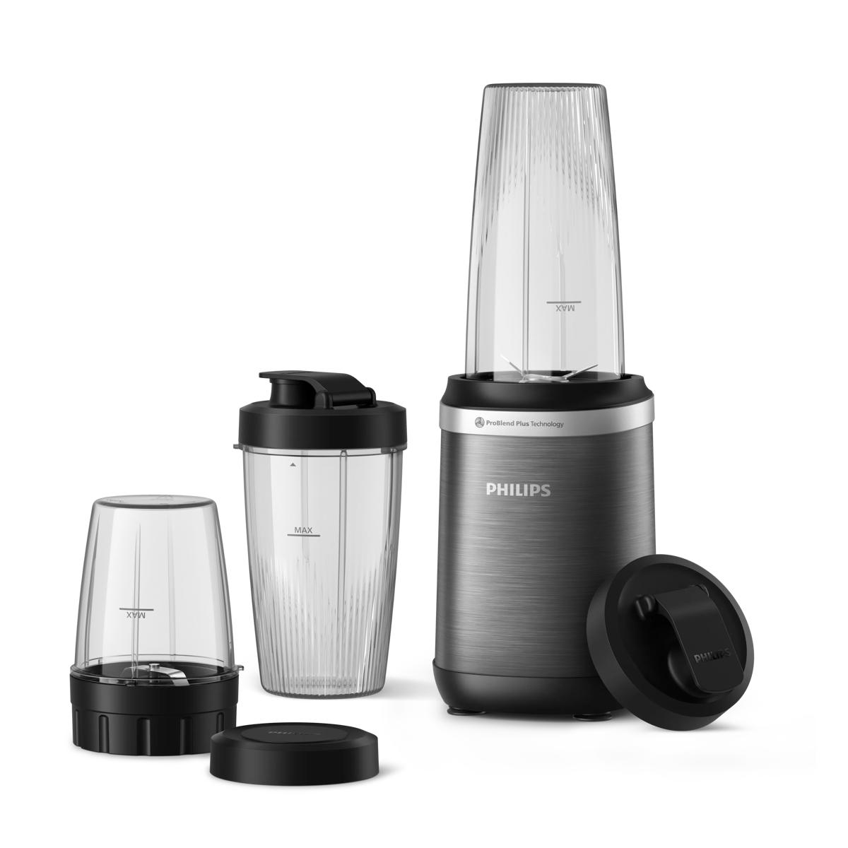 Frullatore Philips con tre contenitori grigi e trasparenti.