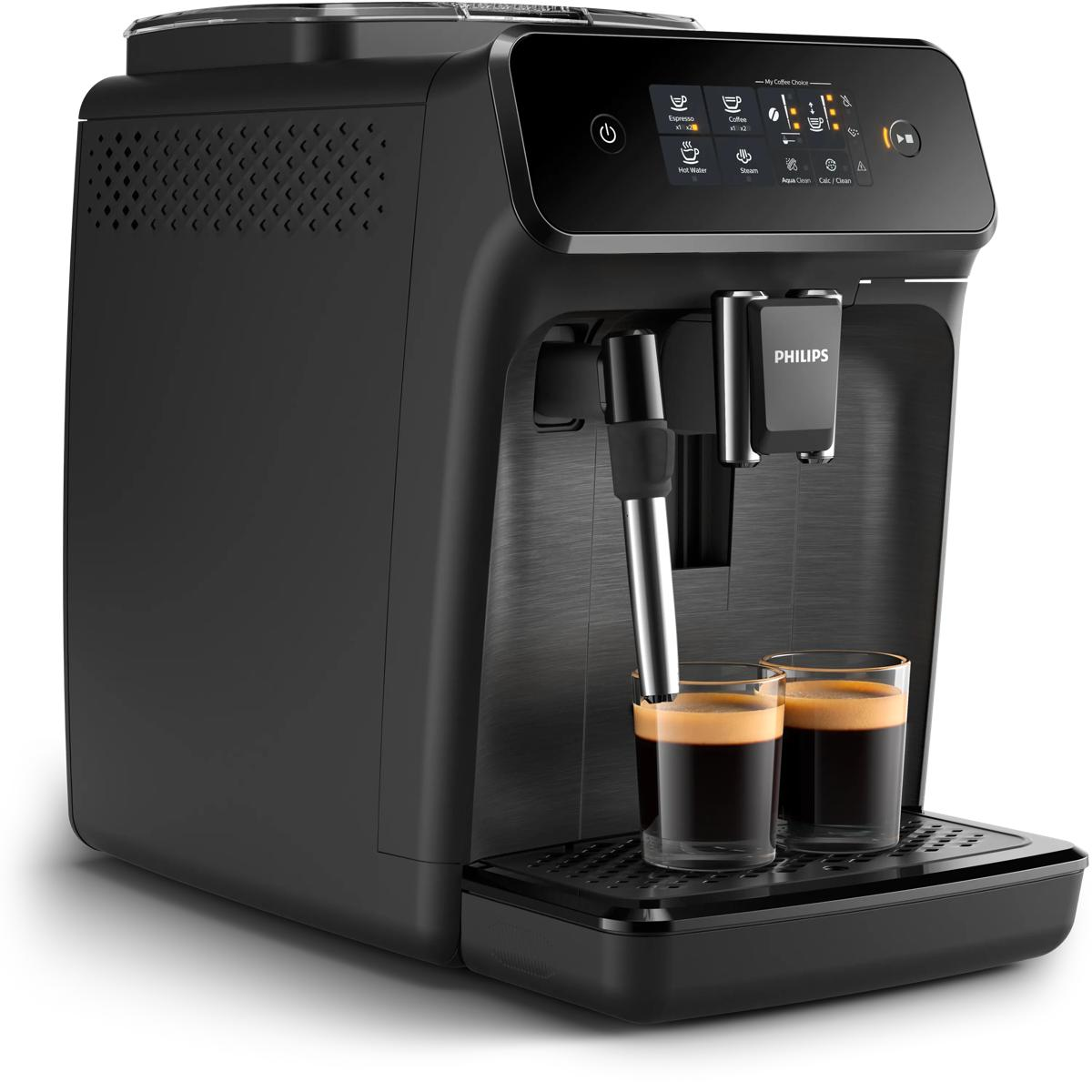 Czarny ekspres do kawy Philips z dwoma szklankami espresso na tacce ociekowej.