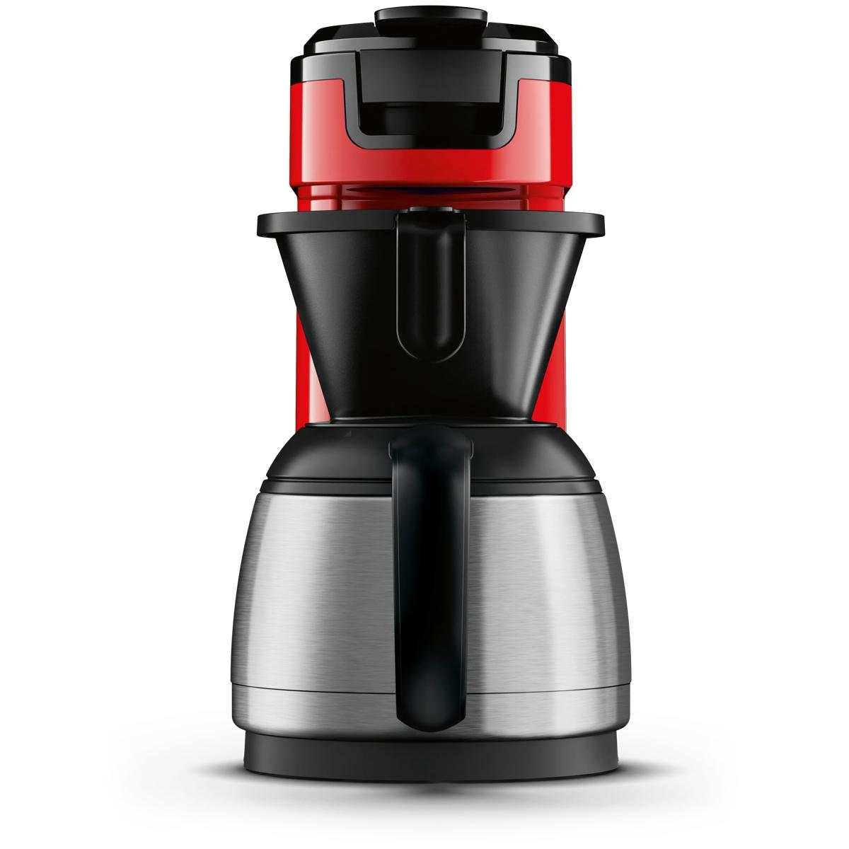 Ein roter und schwarzer Kaffeeautomat mit Edelstahlsockel.