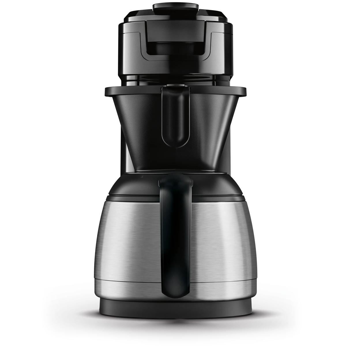 Eine schwarze und silberne Kaffeemaschine mit silbernem Gehäuse und schwarzem Oberteil.