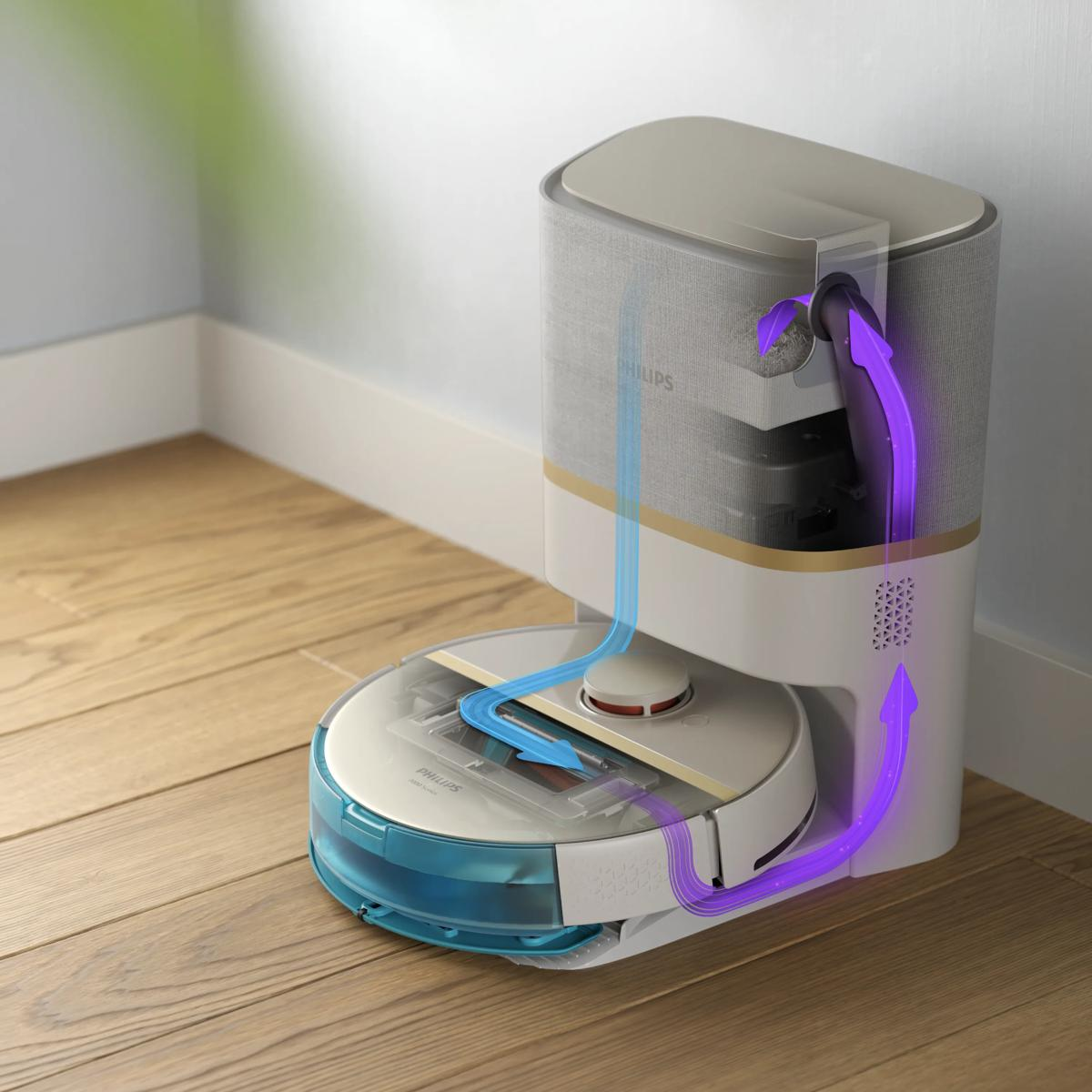 Een robotstofzuiger met dockingstation, met blauwe en paarse luchtstroompijlen.