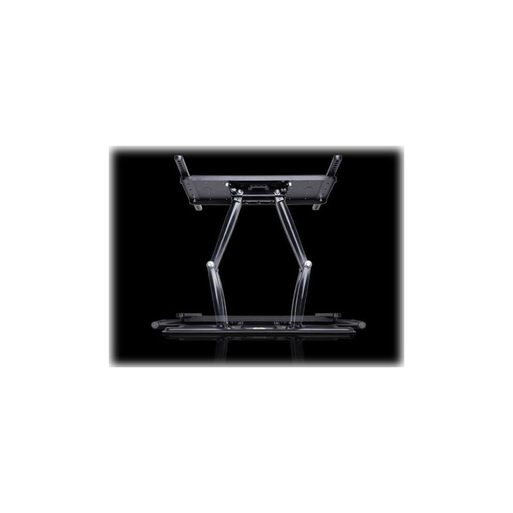 Un support noir pour ordinateur portable avec des bras transparents sur fond noir.