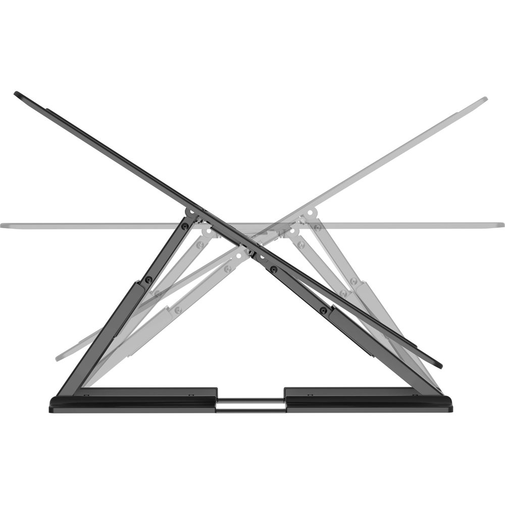 Un support d'ordinateur portable noir réglable avec plusieurs articulations.